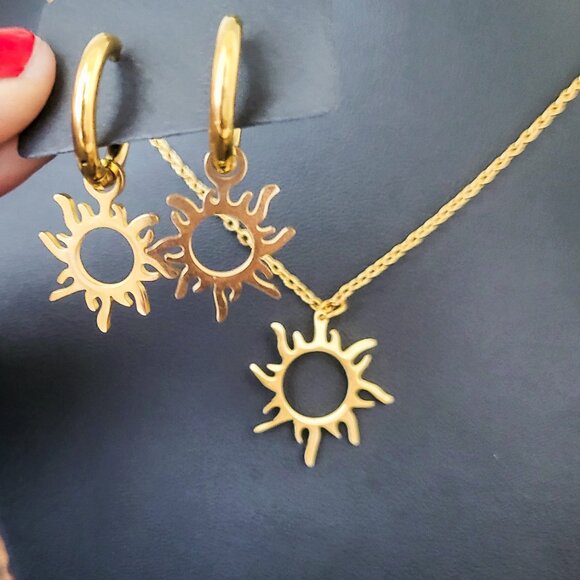 Gold Stainless Steel Sun Motif Jewelry Set — Necklace + Small Hoops - Picture 2 of 7